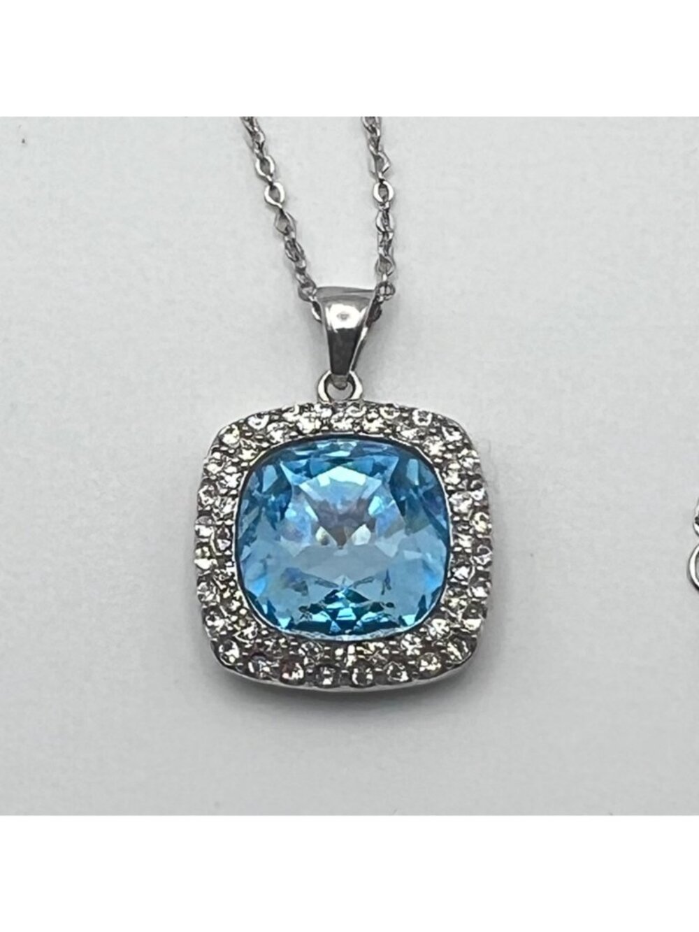 Sterling Silver Pendant Necklace 925 Sky Blue Cushion Halo CZ 18" 7.06g - Picture 4 of 9